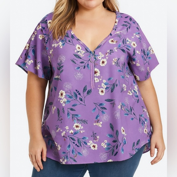 Bloomchic NEW top blouse 1/4 zip floral print purple Plus Size 18/20 flowy boxy - Picture 1 of 11